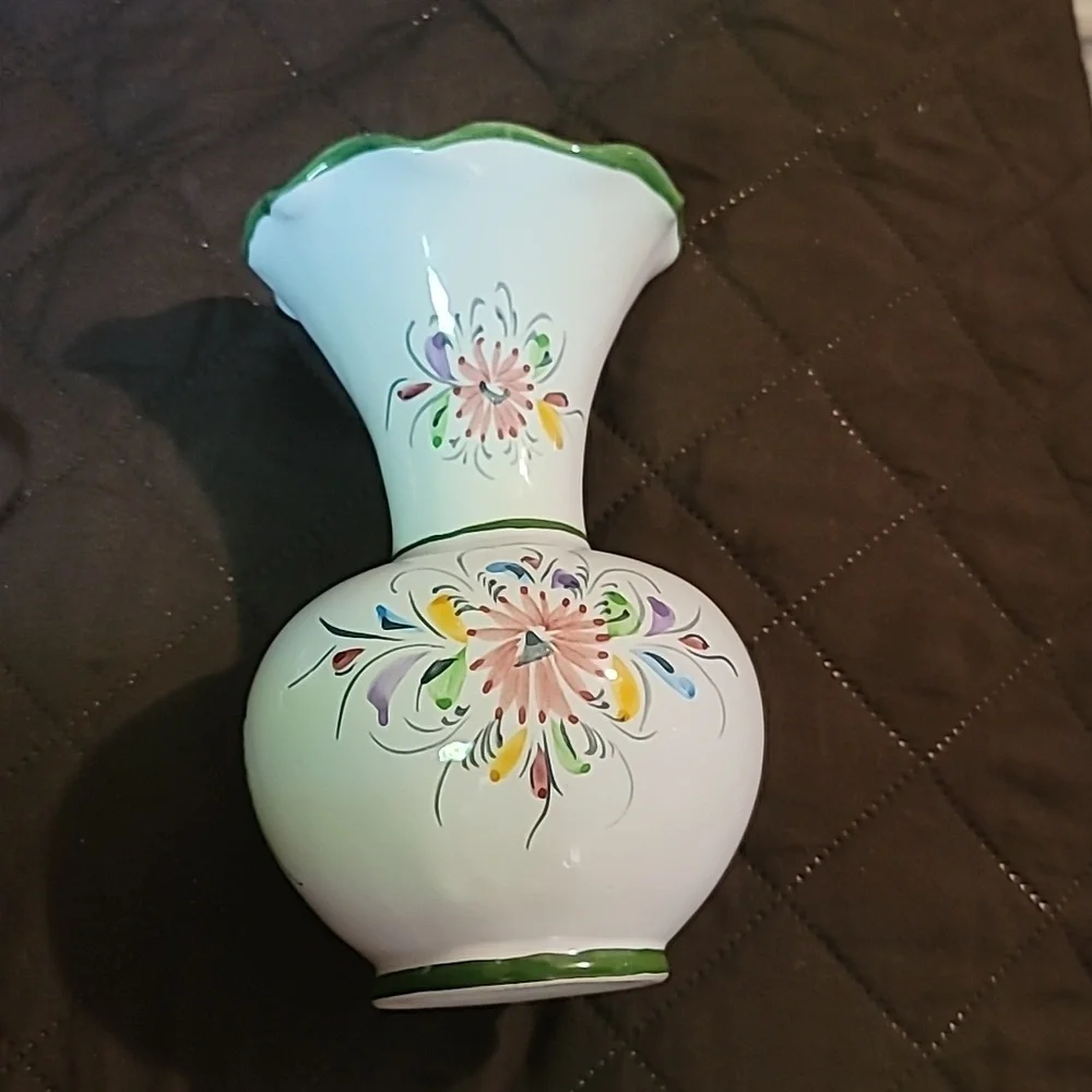 Portuguese Hand Painted Decorative Floral Vase green trim multicolor flowers